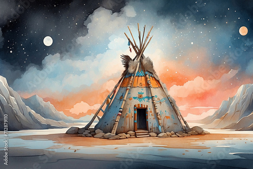Native american indian wigwam in the desert at night illustration, teepee tribal home art photo