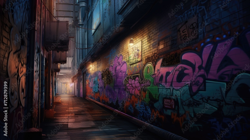 night view of an alley in the city, with neon lights and graffiti on the street walls