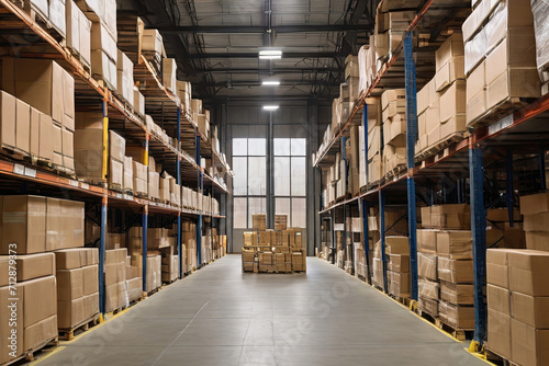 Explore the vastness of our warehouse scene, filled with neatly stacked boxes and towering shelves. A perfect image for conveying scale and logistics efficiency.  © Amila Vector