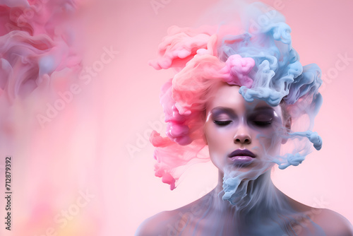 Fashion surreal Concept. Closeup portrait of stunning girl surround dissolve in pastel swirling flowing smoke fog liquid. illuminated with dynamic composition and dramatic lighting. copy text space © Sandra Chia