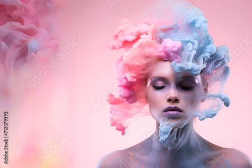 Fashion surreal Concept. Closeup portrait of stunning girl surround dissolve in pastel swirling flowing smoke fog liquid. illuminated with dynamic composition and dramatic lighting. copy text space   © Sandra Chia