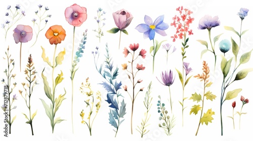 Watercolor collection of colorful soft flowers. Flower isolated on white background. generative ai