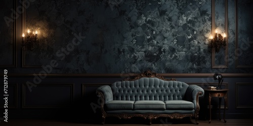 A room with baroque wallpaper in darkness. photo