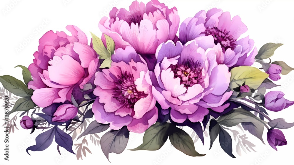 Watercolor illustration of purple flowers, flower clip art. Bouquet of peonies. generative ai