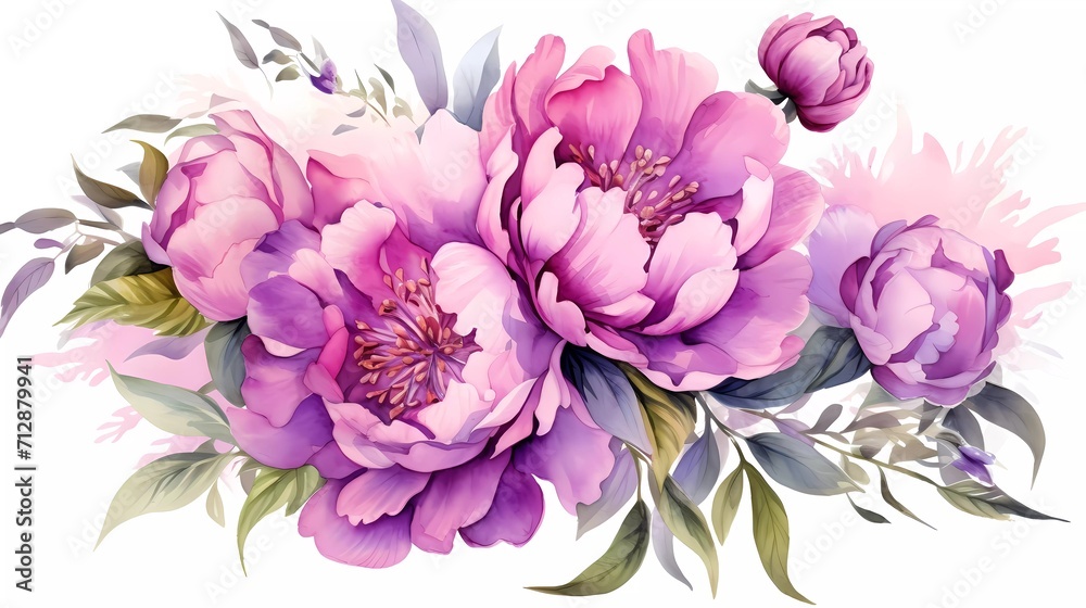 Watercolor illustration of purple flowers, flower clip art. Bouquet of peonies. generative ai