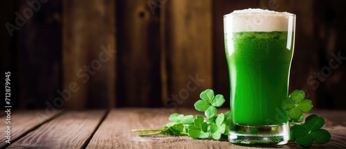 A green beer with a shamrock leaf on a wooden table. Generative AI.