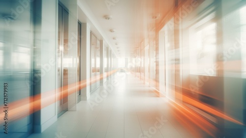 A blurry image of a hallway with light trails. Generative AI.