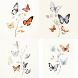 Set of Butterfly and flower branch watercolor