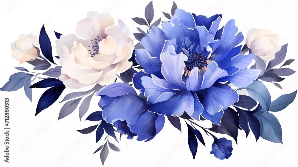 watercolor illustration of dark blue flowers, flower clip art. Bouquet of peonies. generative ai - obrazy, fototapety, plakaty 
