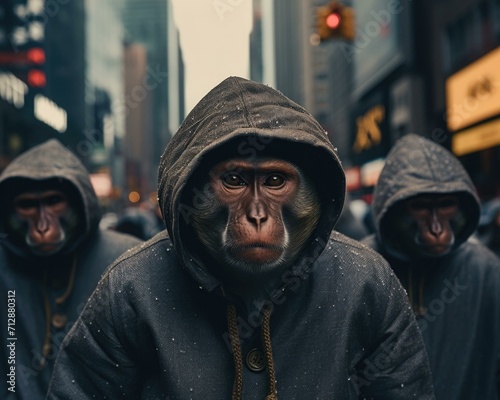 Three monkeys wearing hoods on a city street. Generative AI.