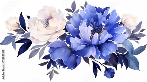 watercolor illustration of dark blue flowers, flower clip art. Bouquet of peonies. generative ai