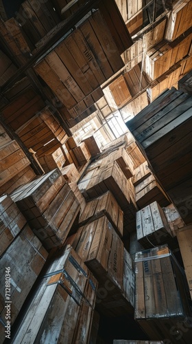 A view of a room full of wooden boxes. Generative AI.