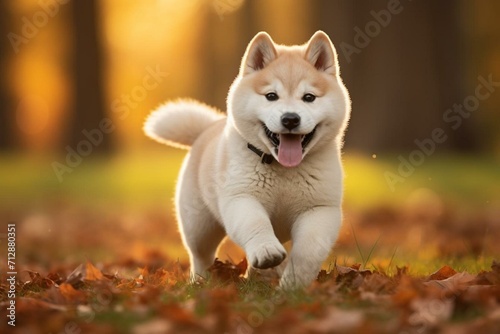 A cute baby Akita dog having fun at the park. Generative AI photo