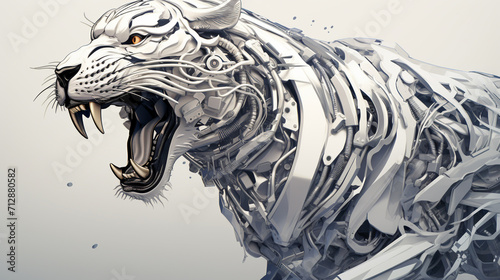 illustration of a silver tiger robot roaring on a colorless background, Generate AI. photo