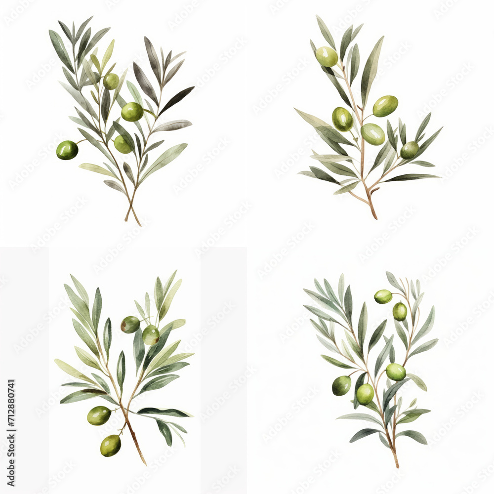 Set of Olive tree branch watercolor