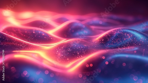 Fluid neon wave in 3D, shimmering iridescently. Set against a bright, abstract, colorful backdrop. HD, lifelike appearance.
