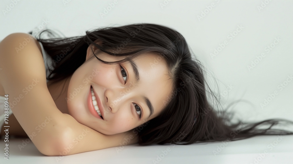 Serene Elegance: Smiling Young Woman Reclining Gracefully
Serene Elegance: Smiling Young Woman Reclining Gracefully