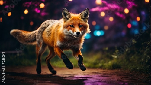 Beautiful red fox jumping in the night forest with fairy lights.