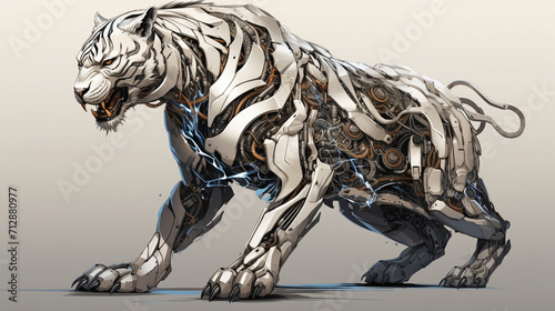illustration of a silver tiger robot roaring on a colorless background, Generate AI. © Salis