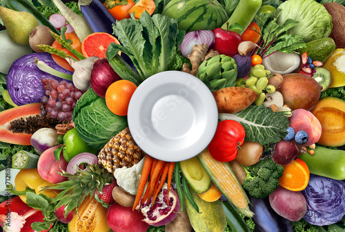 Eating A Healthy Diet as a nutrition symbol of a plant based dietary choice with an empty plate to eat high nutrient foods as vegetables fruit legumes beans and nuts for wellness and health representi photo