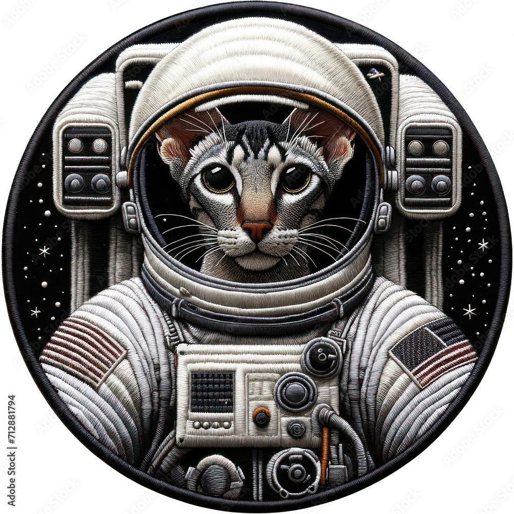 Oriental Shorthair Cat Astronaut, A circular badge featuring an intricate embroidery design of a Oriental Shorthair cat dressed as an astronaut, PNG Clipart, High Quality Transparent Backgrounds