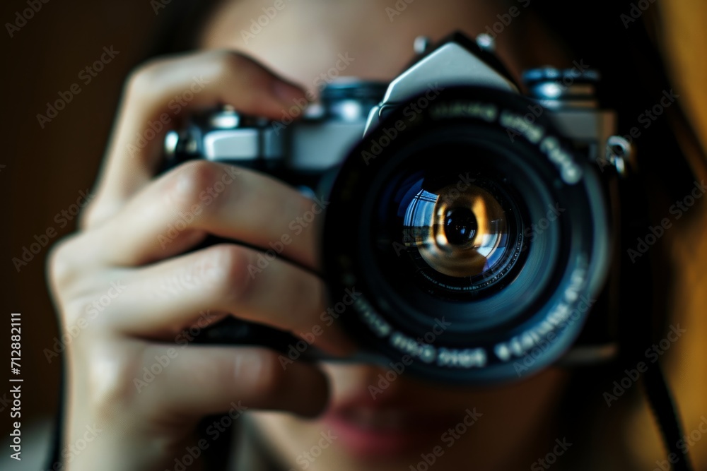 Woman photographer lens camera shot work hobby close up portrait picture zoom digital photo professional paparazzi technology agency business image job creativity occupation journalism focus modern