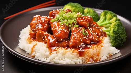Teriyaki chicken with rice - japanese food style on black background