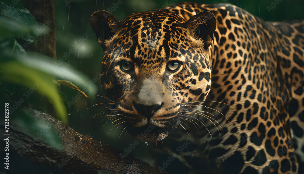 Obraz premium Close up of a jaguar in the jungle under the rain