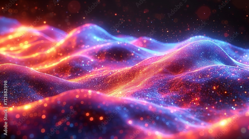 Glossy, iridescent neon wave in 3D, flowing elegantly. Set against a colorful, abstract background with a holographic effect. HD camera-like quality.