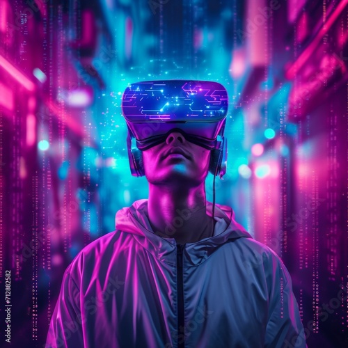 Man Experiencing Virtual Reality in Neon Lights