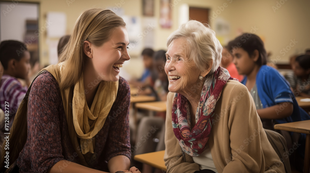 Obraz premium a young teacher and a senior woman in a classroom setting, surrounded by diverse individuals of varying ages