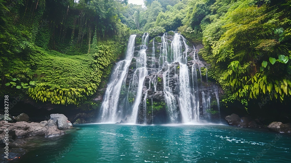 Fototapeta premium Jungle waterfall cascade in tropical rainforest with rock and turquoise blue pond. Its name Banyumala because its twin waterfall in mountain slope