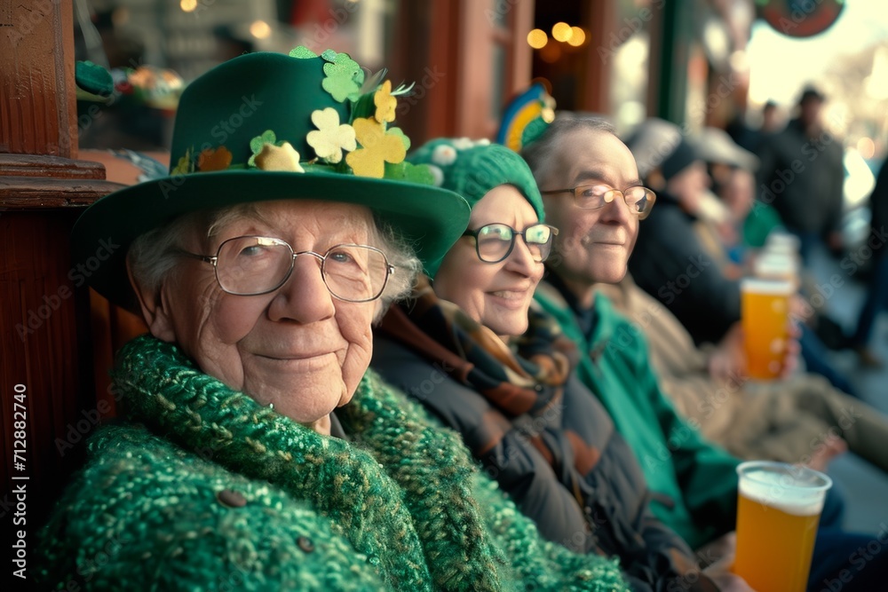 Joyful Elderly Celebrating St. Patrick's Day in Vibrant Green, Urban Outdoor Bar Scene