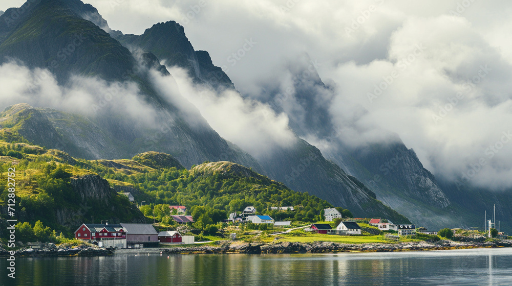 Summer cloudy Lofoten islands. Norway misty sea and fjords. Ai Generative