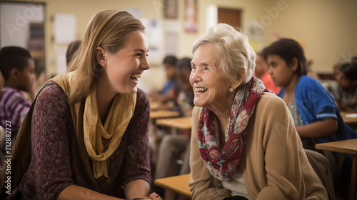a young teacher and a senior woman in a classroom setting, surrounded by diverse individuals of varying ages