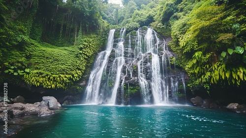 Kaskada wodospadu w dżungli w tropikalnym lesie deszczowym ze skałą i turkusowym błękitnym stawem. Nazwa Banyumala, ponieważ jest to bliźniaczy wodospad na zboczu góry