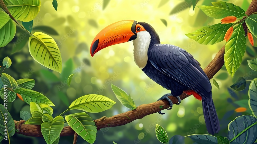 Obraz premium Toucan tropical bird sitting on a tree branch in natural wildlife environment in rainforest jungle