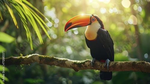 Toucan tropical bird sitting on a tree branch in natural wildlife environment in rainforest jungle