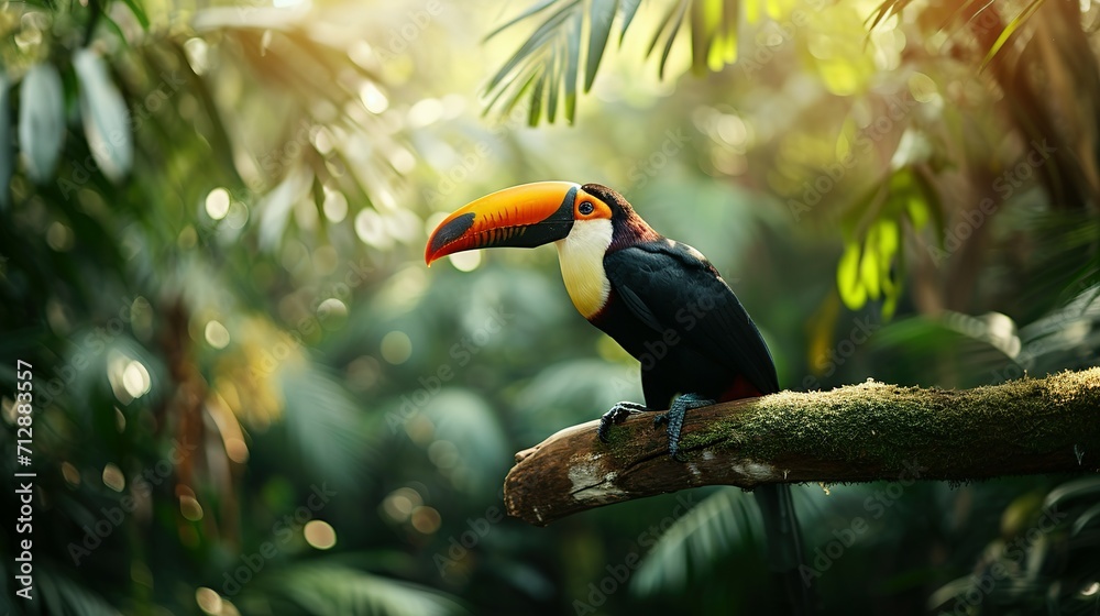 Obraz premium Toucan tropical bird sitting on a tree branch in natural wildlife environment in rainforest jungle