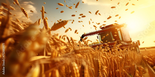 wheat field at sunset, Combine harvester working in the field, A Combine Harvester at Sunset, Generative AI photo