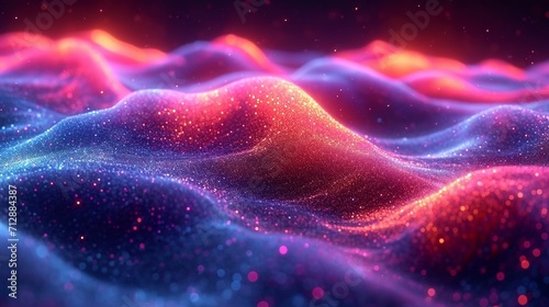 Neon  glossy wave in 3D  curving with a holographic sheen. Rich  colorful abstract background for depth. HD clarity.