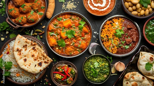 Assorted indian food on black background photo