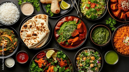 Assorted indian food on black background photo