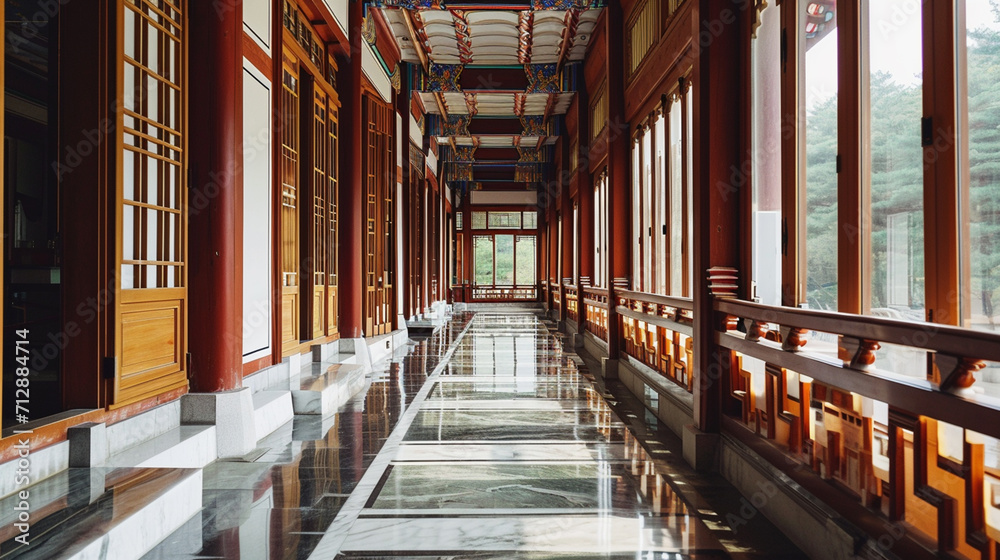 The corridor(hall, passage) and marble bottom, wall and korean(chinese). Ai Generative