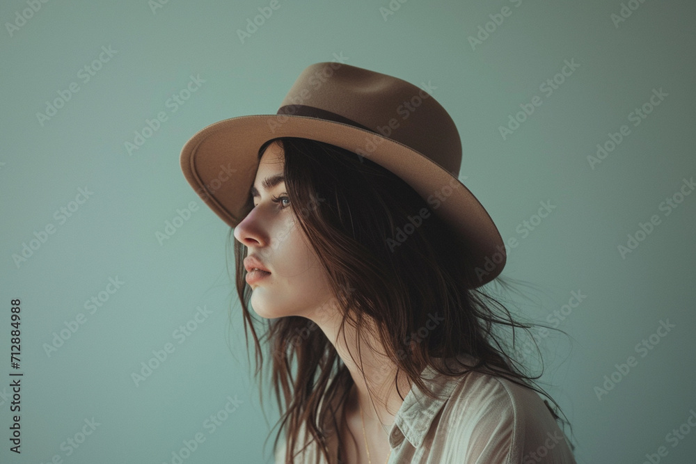 portrait of a fashion young woman in a studio muted color background and minimalistic portrait of a fashion young woman in a studio muted color background and minimalistic