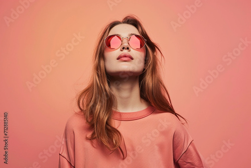 portrait of a fashion young woman in a studio muted color background and minimalistic photo