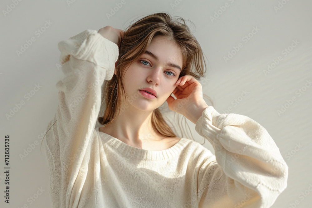 Fototapeta premium portrait of a fashion young woman in a studio muted color background and minimalistic