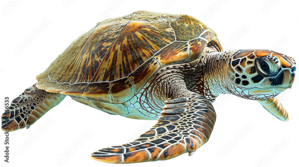 Fototapeta premium Sea Turtle Swimming Isolated on Transparent or White Background, PNG