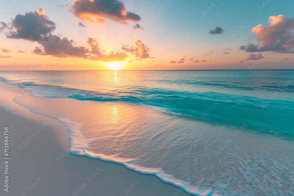 A serene beach with turquoise water and a sunset
