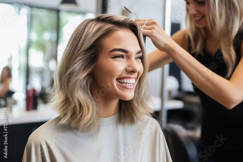 Female hairdresser is fixing hair of smiling woman photo